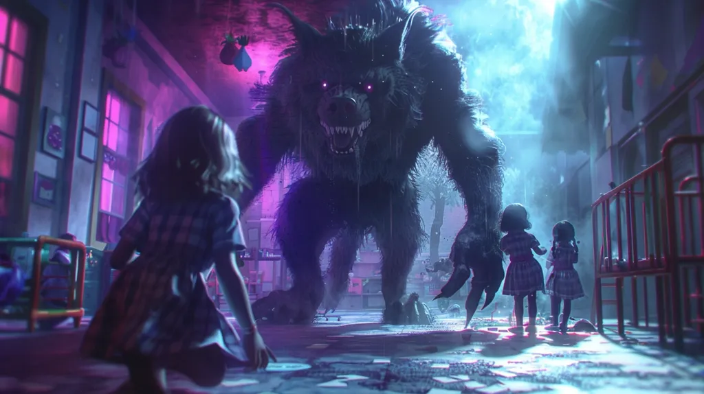 A large, menacing werewolf with glowing red eyes stands in a dimly lit hallway. Three young girls, clad in simple dresses, turn to face the beast. The scene is eerie and ominous, suggesting a terrifying encounter.  The hallway appears to be inside a school, with a crib visible in the background.  The overall atmosphere is one of fear and dread.  The image is rendered in a stylized, almost dreamlike manner.