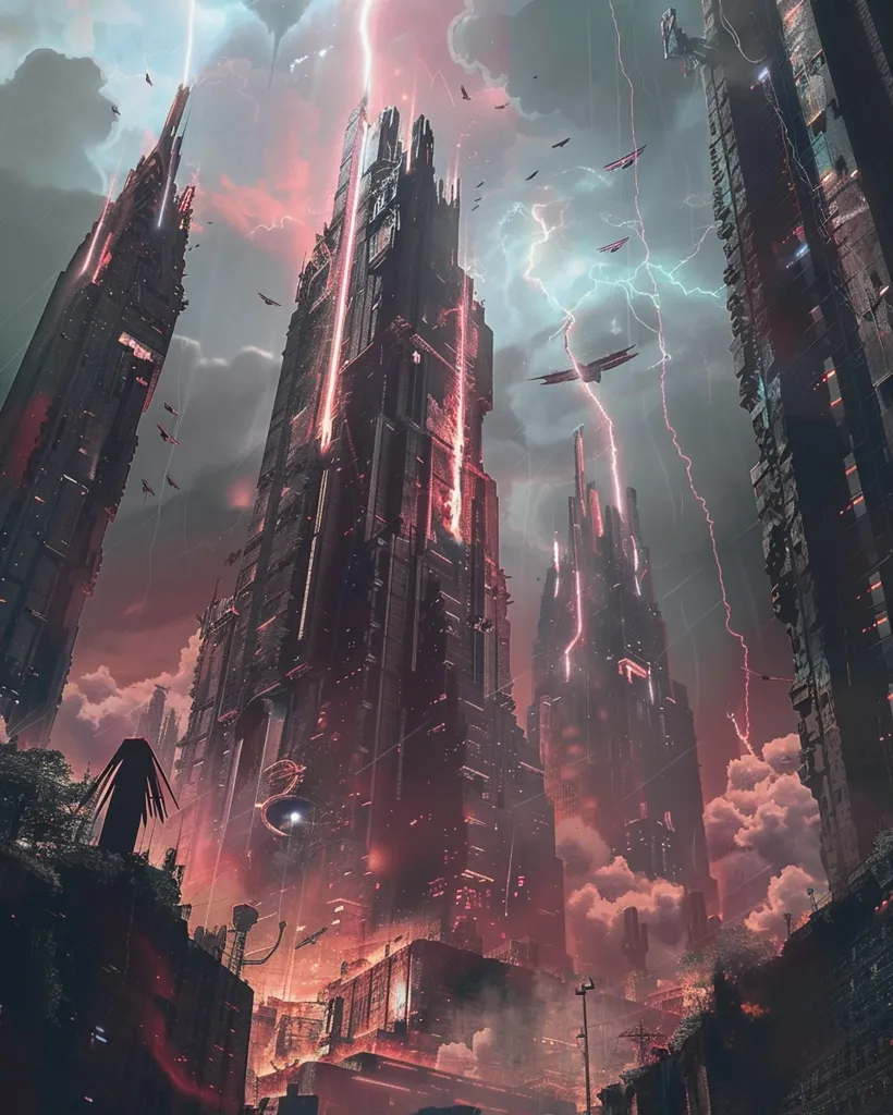 A dystopian cityscape with tall, narrow buildings reaching for the stormy sky.  Lightning flashes illuminate the scene, casting a red glow over the structures.  The buildings are dark and decaying, with a sense of foreboding.  Small flying vehicles streak across the sky.  The overall impression is one of danger and decay, with a hint of futuristic technology.