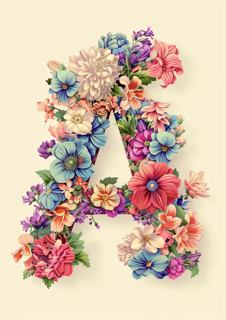 The image depicts a large capital letter A made entirely of flowers. The letter is formed by a colorful assortment of blooms including blue, red, pink, orange, and yellow. The flowers are arranged in a way that creates the shape of the letter. The background is a soft cream color.  The image gives a sense of delicate beauty and the power of nature.