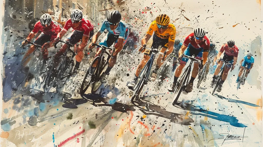 A watercolor painting depicts a group of cyclists in a race, their colorful jerseys and bikes blur into the abstract background of splashes and streaks of color. The riders' intense focus and the dynamic composition create a sense of speed and excitement, capturing the energy of a thrilling competition.