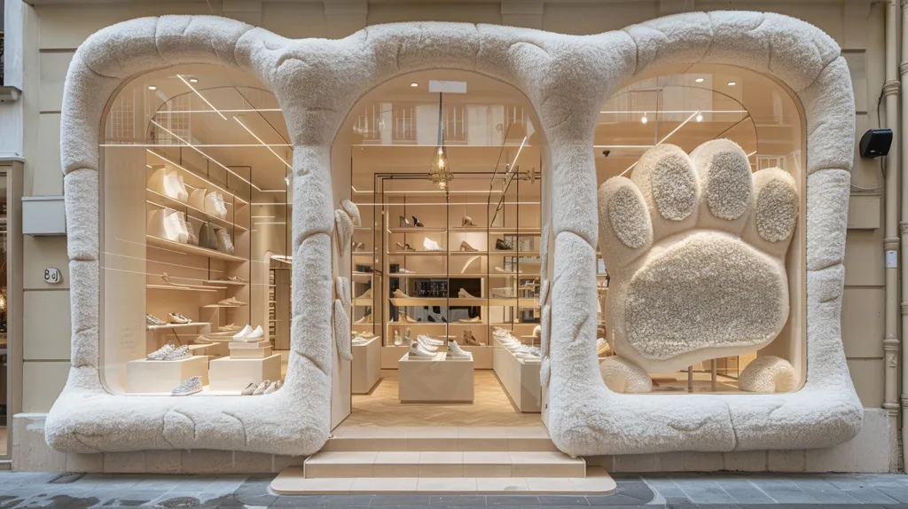 A storefront with three large, arched windows framed by fluffy white material resembling a bear's fur.  The windows showcase a minimalist interior with shelves displaying footwear. The rightmost window features a giant, fuzzy paw print. The overall effect is whimsical and playful.