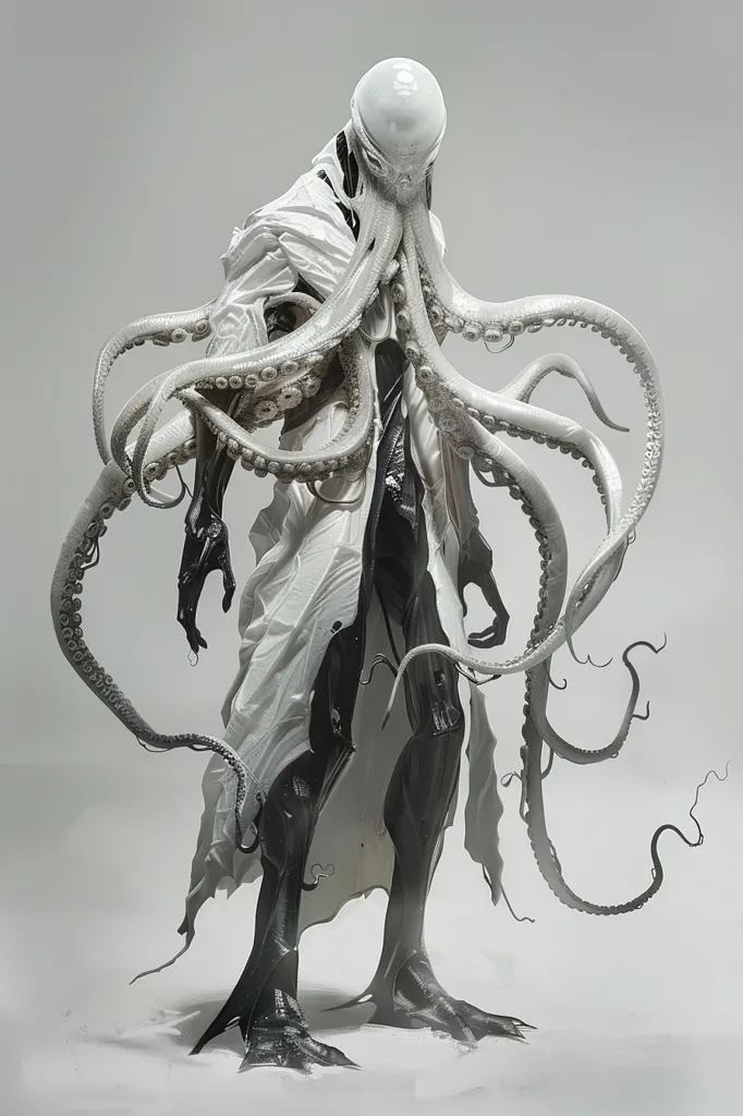 The image depicts a humanoid figure with an octopus-like head and multiple tentacles. The creature is clad in a white, flowing robe, its limbs are elongated and slender, and its feet resemble those of a bird. The image is rendered in shades of gray, giving it a haunting and otherworldly quality. The creature appears to be standing on a white surface, its long tentacles trailing behind it. The image evokes a sense of mystery and unease.