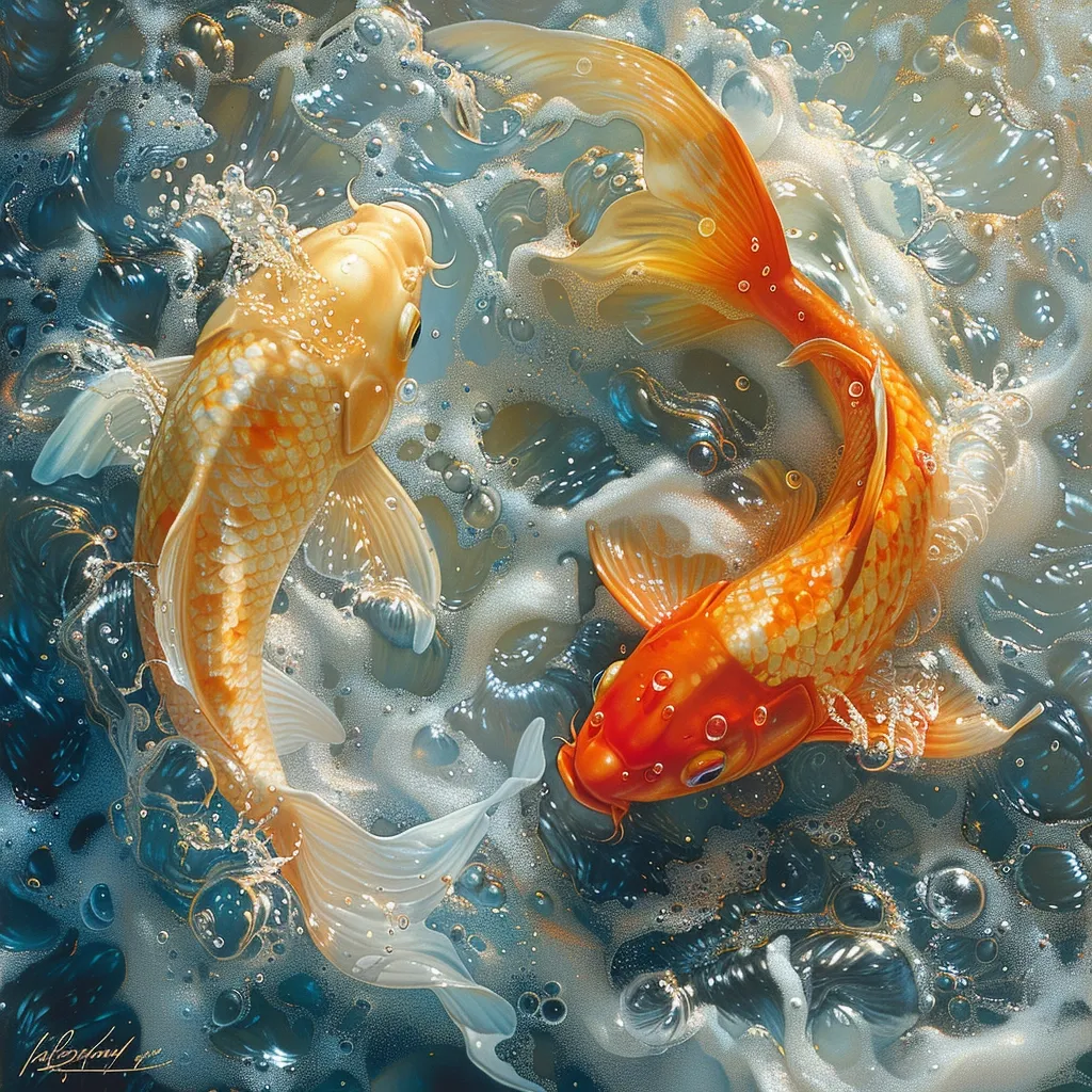 Two koi fish, one orange and one white, swim in a circular motion. The orange fish is on top, while the white fish is on the bottom. The water is filled with bubbles and the background is a swirling blue.  The painting has a dreamy, ethereal quality.