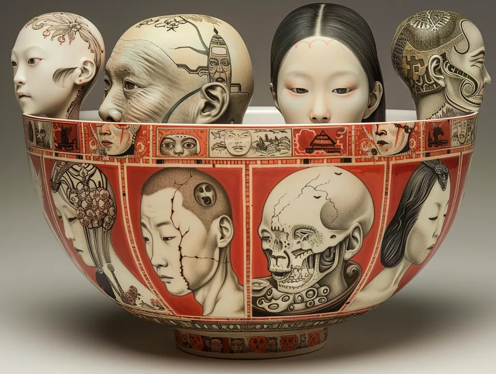 The image shows a large, ornate ceramic bowl with intricate designs and a red base. It is filled with ceramic figures, including a woman with dark hair, a man with a skull-like face, and several others with detailed facial features. The bowl's exterior features a pattern of squares, each containing a different image. The overall effect is one of surrealism and artistry.
