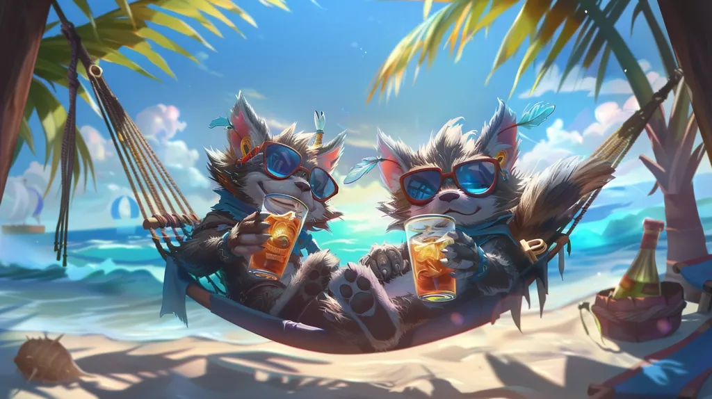 Two furry creatures, wearing sunglasses, are lounging in a hammock on a sunny beach. They are enjoying drinks and the tropical breeze. The scene is bright and cheerful, with palm trees swaying in the background and blue water sparkling in the distance. The creatures seem relaxed and content, soaking up the summer vibes.