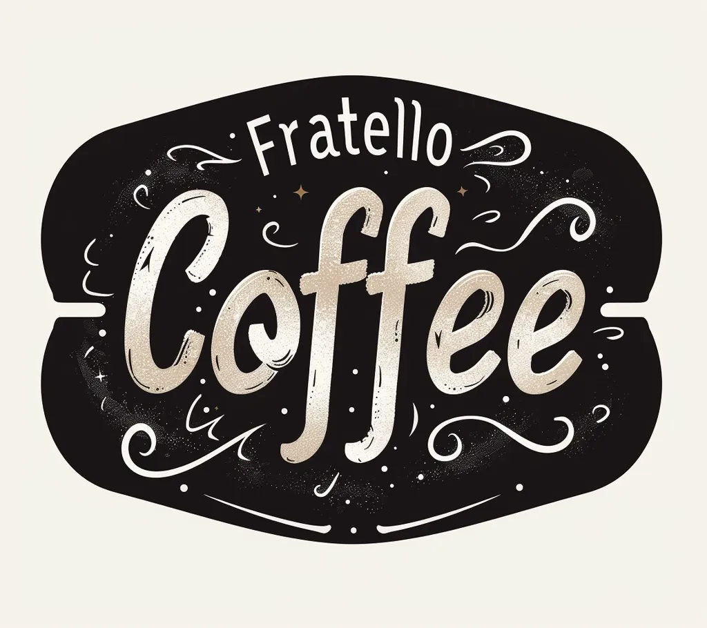 The image shows a black and white sign with the words "Fratello Coffee" written in a stylized, vintage font. The sign is shaped like a shield and has a rough, textured surface, suggesting it is made of wood or metal. The word "Coffee" is written in a large, bold font and is the focal point of the sign. The word "Fratello" is written in a smaller, more delicate font above the word "Coffee". The sign is surrounded by a white background. The overall style of the image is vintage and rustic, reminiscent of a coffee shop or cafe.