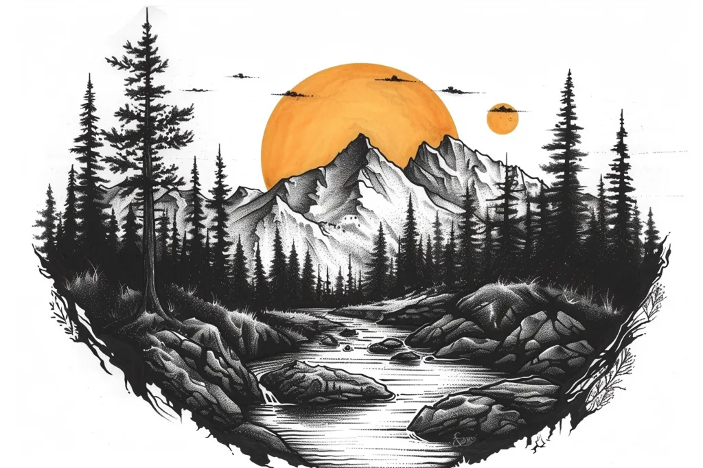 A black and white illustration of a mountain range with a large orange sun behind it. A river winds through the foreground, surrounded by dark trees and rocky terrain. The illustration has a simplistic, stylized aesthetic.