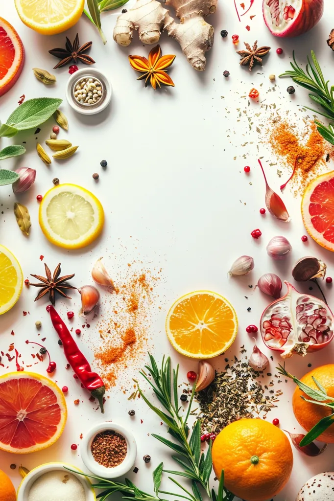 The image features a white background with a variety of food items arranged around the edges. There are citrus fruits, like oranges and lemons, cut open and whole. Red peppers and sprigs of rosemary are scattered, along with garlic cloves, spices, and herbs. The composition creates a visually appealing and vibrant display of fresh ingredients.