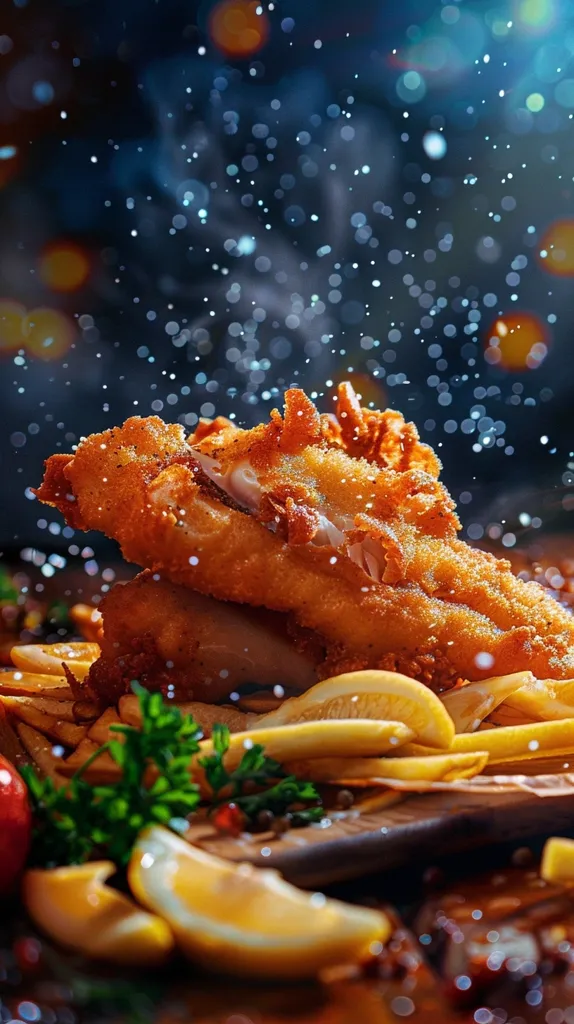 A plate of crispy fried fish sits atop a bed of golden french fries and lemon wedges, garnished with fresh parsley. The fish is glistening with oil, and the background is blurred with sparkling lights, giving the image a warm and inviting ambiance.
