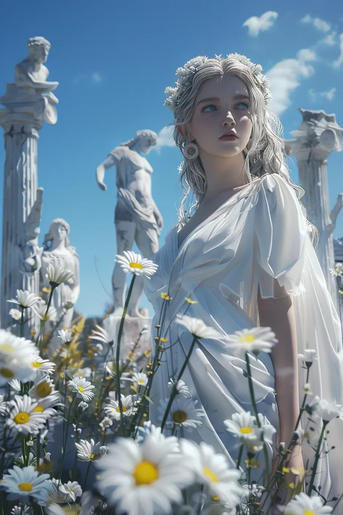 A woman with long blonde hair, wearing a white dress and a flower crown, stands in a field of daisies.  She is looking to the right of the frame.  In the background are several marble statues and a bright blue sky.  The image has a soft, ethereal feel.