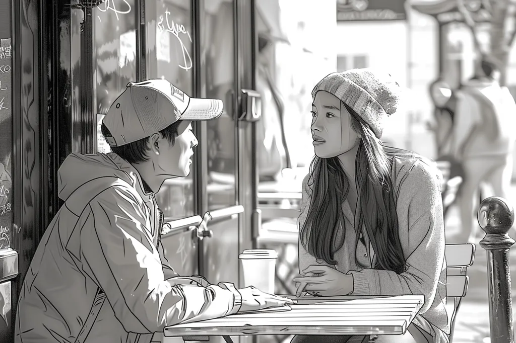 A young man in a baseball cap sits at an outdoor table, looking towards a young woman with long hair wearing a beanie. The woman is looking at the man with a slight smile. They are sitting across from each other, with a cup of coffee on the table between them. The image is in black and white, giving it a vintage feel. They appear to be having a conversation, creating a sense of intimacy and connection.  The background is blurred, suggesting a bustling city setting.  The scene captures a moment of quiet connection amidst the city's energy.