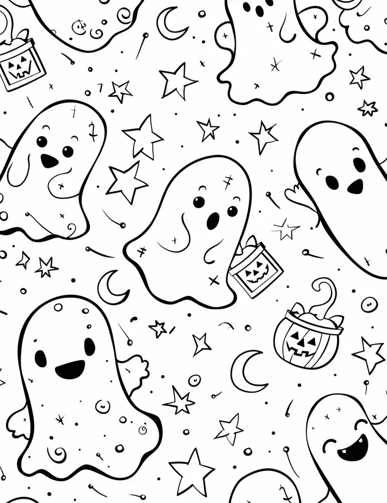 The image is a black and white seamless pattern with a Halloween theme. It features cute ghosts with different expressions, stars, moons, and jack-o'-lanterns. The pattern is drawn in a simple and playful style, perfect for a fun and festive background.