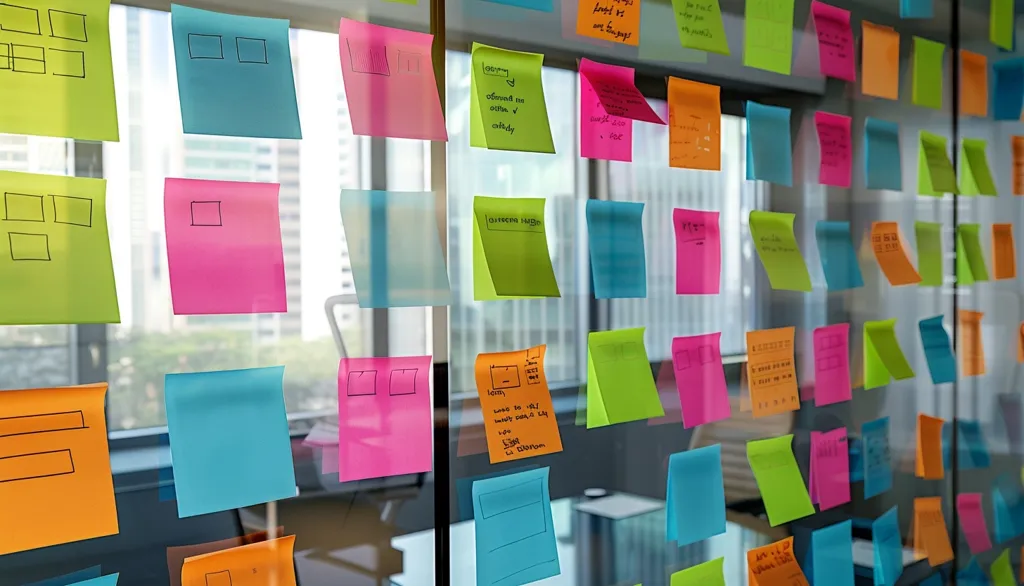 A glass wall covered with colorful sticky notes. The notes are filled with handwritten text, diagrams, and drawings. Some notes are blank, while others are filled with information. The notes are arranged in a random pattern, creating a visually stimulating collage. A window behind the notes provides a glimpse of a city skyline. The scene suggests a collaborative work environment or a brainstorming session.