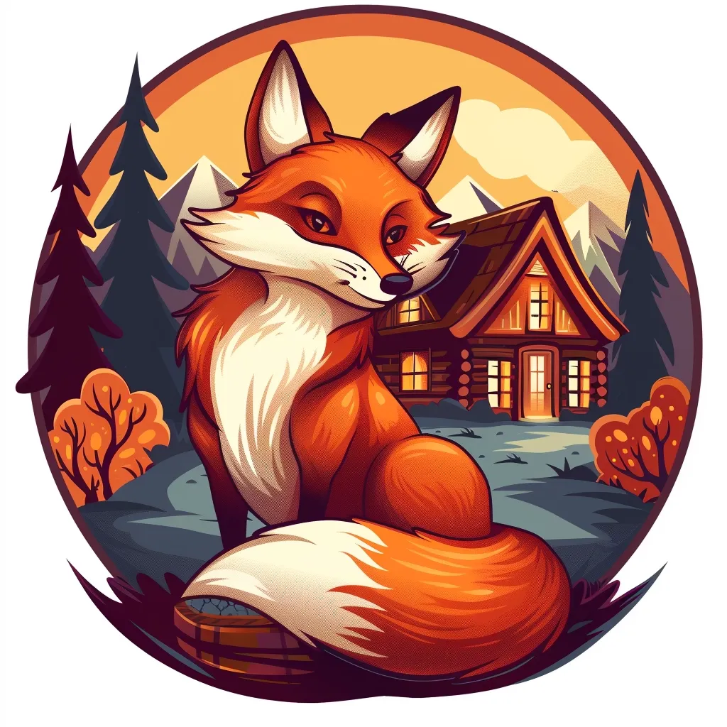 A cartoon fox sits in front of a small wooden cabin, nestled amongst a backdrop of evergreen trees and a mountain range. The sun sets behind the scene, casting an orange glow across the picture. The fox's tail curls around its body, and it stares out at the viewer with alert eyes. The cabin windows are lit with warm, yellow light, hinting at a cozy interior.