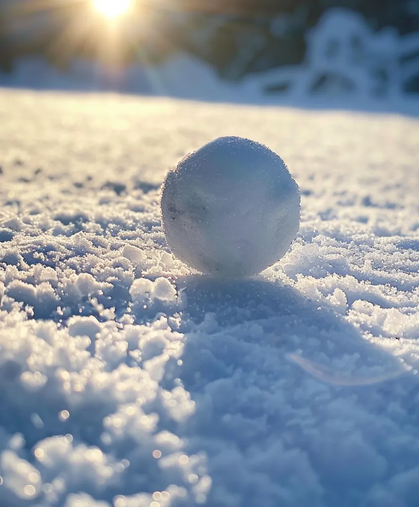 A perfectly round snowball sits on a bed of pristine white snow. The sun shines brightly, creating a soft, ethereal glow over the scene. The background is blurred, highlighting the simplicity of the snowball and the vast expanse of snow. The image captures the serenity and beauty of a snowy winter day.