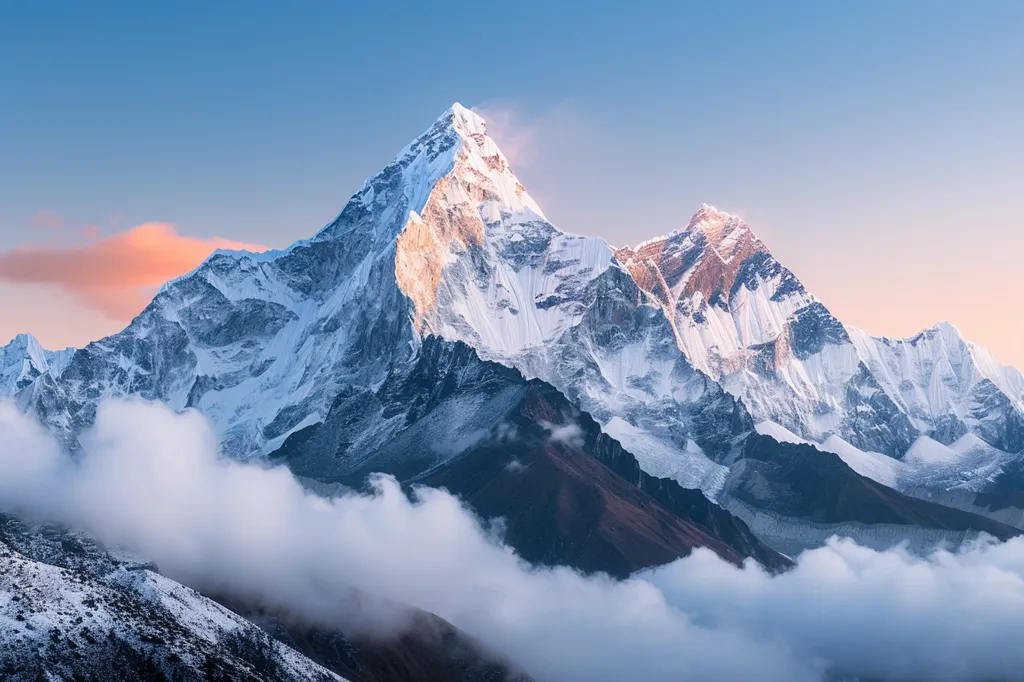 The image shows a majestic snow-capped mountain range bathed in the soft glow of a setting sun. The peaks pierce the sky, while clouds swirl around the lower slopes, creating a breathtaking scene of natural grandeur. The soft pink hues of the twilight sky add a touch of serenity to the majestic landscape.