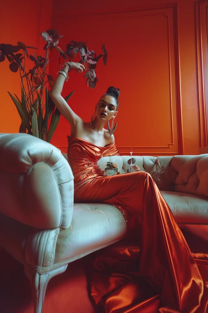 A woman in a long, flowing, orange gown sits on a white chaise lounge. She wears a bejeweled belt and earrings. She is sitting with her left hand extended towards the viewer, as if holding something, and her right arm resting on the back of the chaise.  There is a plant with red flowers in the background. The wall behind the woman and the chaise lounge is bright orange. The overall vibe is sultry and dramatic.