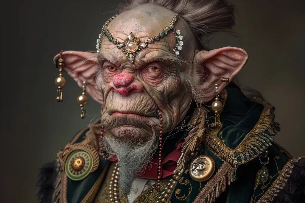 A close-up portrait of a fantastical creature with large, pointed ears and a wrinkled face. They have a prominent nose, a long gray beard, and a mischievous glint in their eyes. The creature is adorned with a jeweled headband, ornate earrings, and a richly patterned green and gold garment.  The image captures a sense of otherworldly mystery and intrigue.