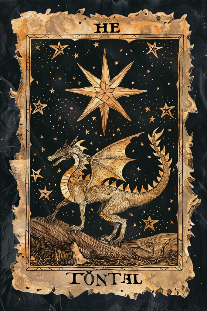 The image is a stylized illustration of a dragon in a night sky with stars. The dragon is standing on a rocky outcrop, its wings spread wide. The illustration is framed by a parchment-like border, giving it an antique look. The image is likely from a tarot deck or a similar system of divination. The text "He Tontal" is written below the image.