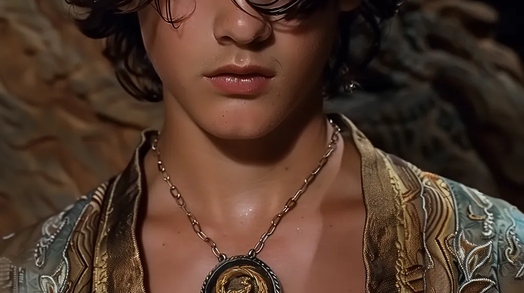 A young man with dark hair and a golden necklace with a large pendant is wearing a patterned shirt. His lips are parted slightly and his eyes are closed. He is looking directly at the camera. The lighting is warm and the image is taken from a close-up perspective.  The man appears to be wearing makeup and his skin looks smooth and flawless.