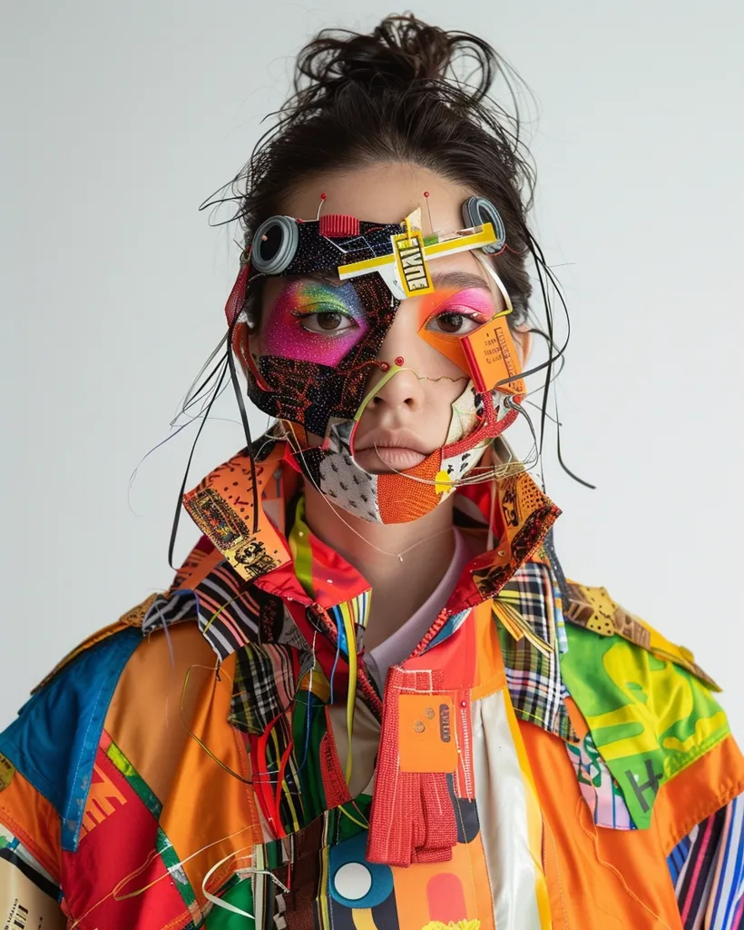 A young woman with dark hair pulled back in a messy bun wears a colorful, multi-layered jacket. A vibrant, intricate mask covers her face. It's a patchwork of fabric, metal, and other materials, creating a futuristic and somewhat unsettling look. The background is a simple white, highlighting the bold and avant-garde style of the outfit.