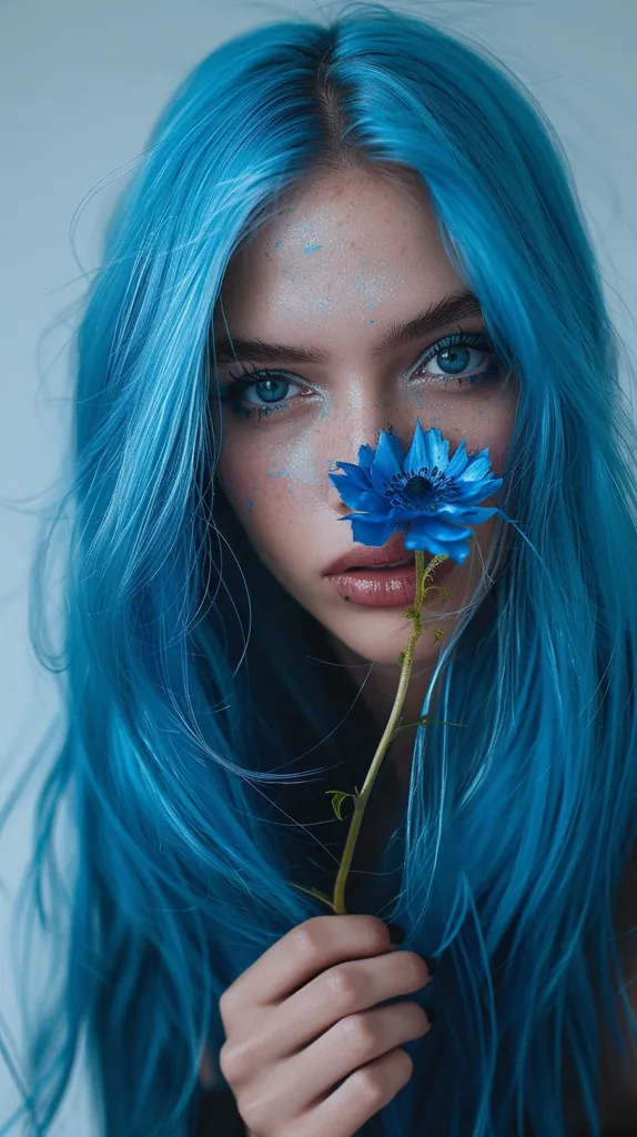 A young woman with long, bright blue hair holds a single blue flower to her nose. Her eyes are a striking blue, and her face is adorned with delicate freckles. The image captures a sense of quiet beauty and ethereal charm. The background is a soft, neutral color, allowing the woman and her flower to stand out as the focal point. The image has a dreamy and whimsical quality.