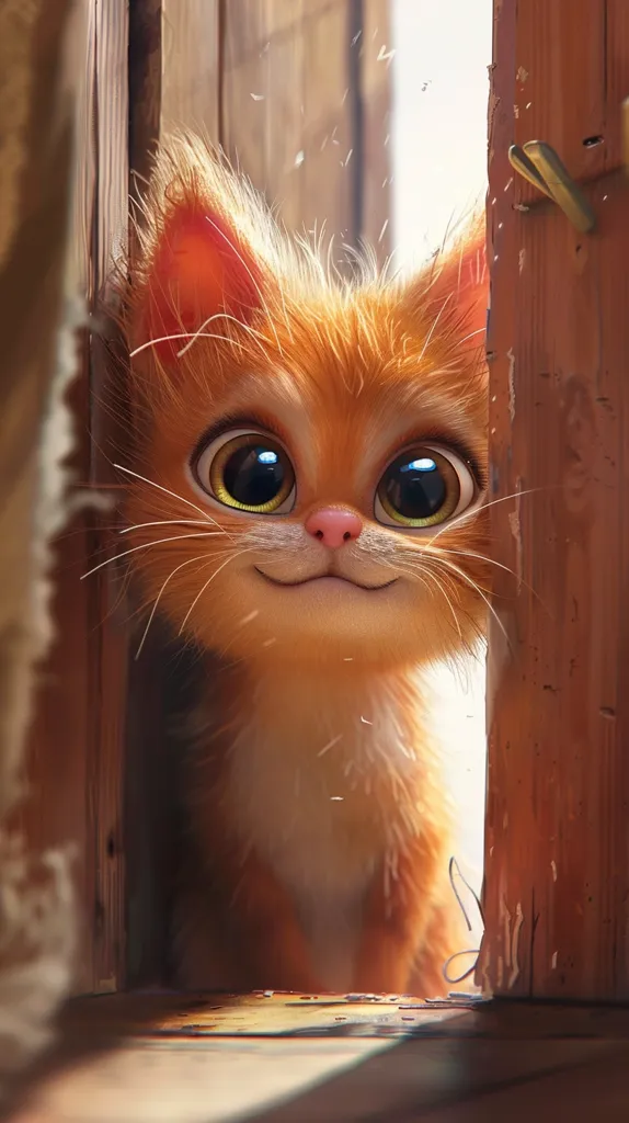 A cute, cartoon-style orange cat with big, round eyes is peeking through a doorway. The cat is looking directly at the viewer with a sweet smile and is lit by the sun shining through the doorway. The cat's fur is fluffy and soft, and it looks like a very friendly cat.  The warm colors of the image create a welcoming and inviting feeling.  The background is blurry, drawing attention to the cat.