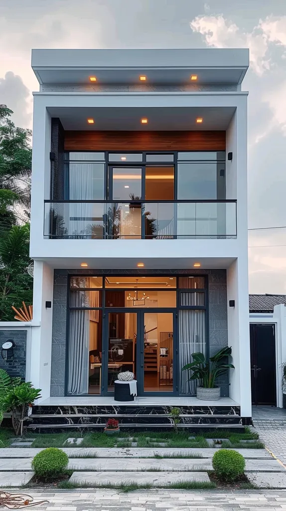 The image shows a modern two-story house with a white exterior and large windows. The house has a balcony on the second floor, and a set of stairs leading up to the front door. The house is surrounded by green plants and landscaping, and the sky is a soft blue with white clouds. The house is illuminated by warm light from inside, creating a welcoming atmosphere.  The modern design, sleek lines, and natural light create a stylish and sophisticated feel.