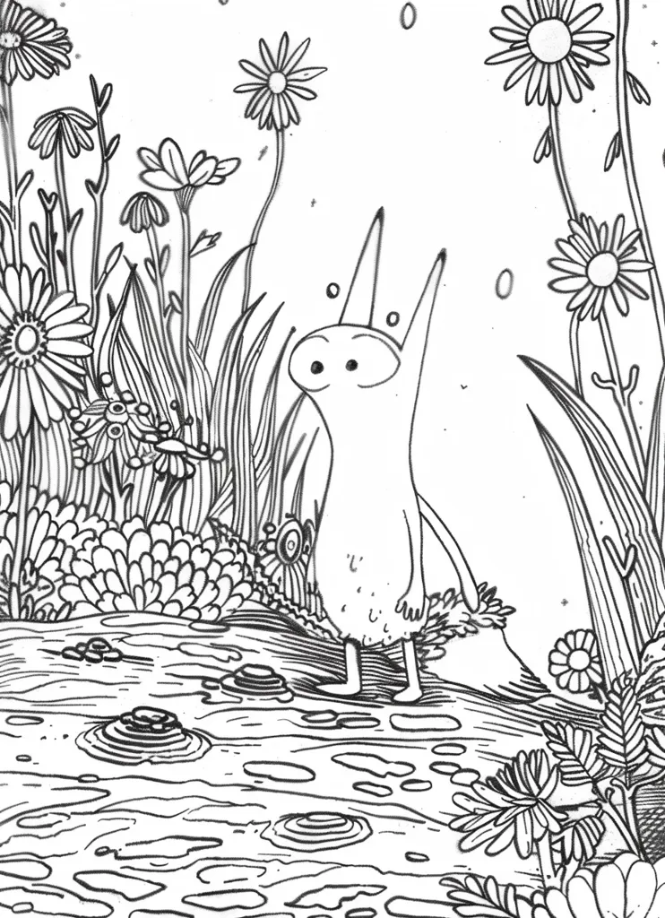 A simple line drawing of a whimsical creature standing in a pond in a field of flowers. The creature has a long, thin body and two large, round eyes. The flowers are simple daisies and the pond is filled with rippling water. The drawing is filled with intricate details and is a great example of illustrative art.