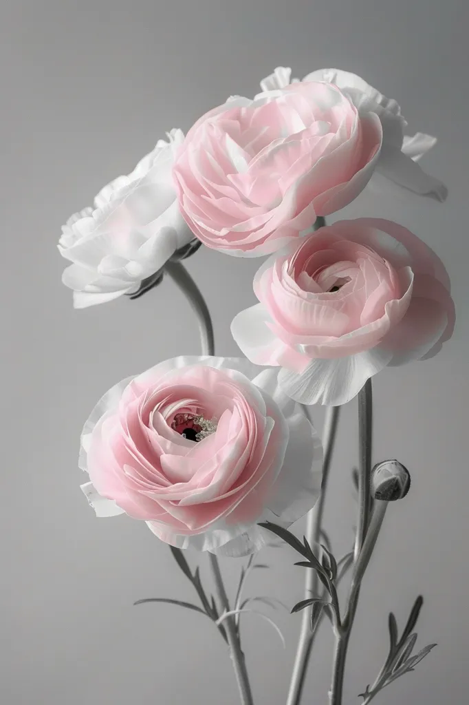 Five delicate pink and white ranunculus flowers bloom against a soft gray backdrop. Their petals are soft and layered, creating a delicate and feminine feel. The stems are slender and graceful, adding to the overall elegance of the composition. The light gray background emphasizes the beauty of the flowers, making them appear even more vibrant and captivating.