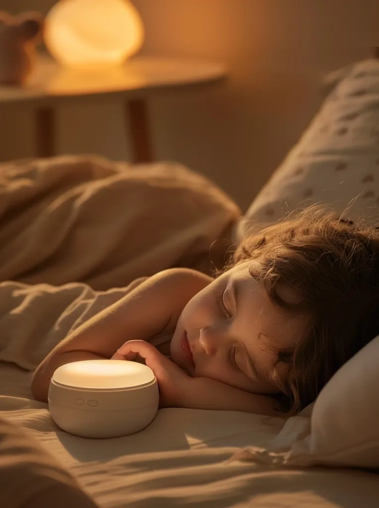A young girl sleeps soundly in a warm, inviting bed. Soft lighting emanates from a bedside lamp and a small, round nightlight.  The girl's face is relaxed, and her hair spills over the pillow.  The scene exudes peace and tranquility.