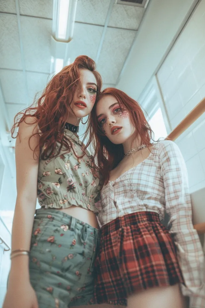 Two young women are photographed from a low angle. They are both wearing casual clothing, one a green floral top and matching pants, the other a white and pink plaid shirt and a red plaid skirt. Both are smiling, their hair is long and wavy.  They are facing the camera, with their heads slightly tilted, creating a playful mood. The background is a simple white tiled wall, giving the image a casual, youthful vibe.