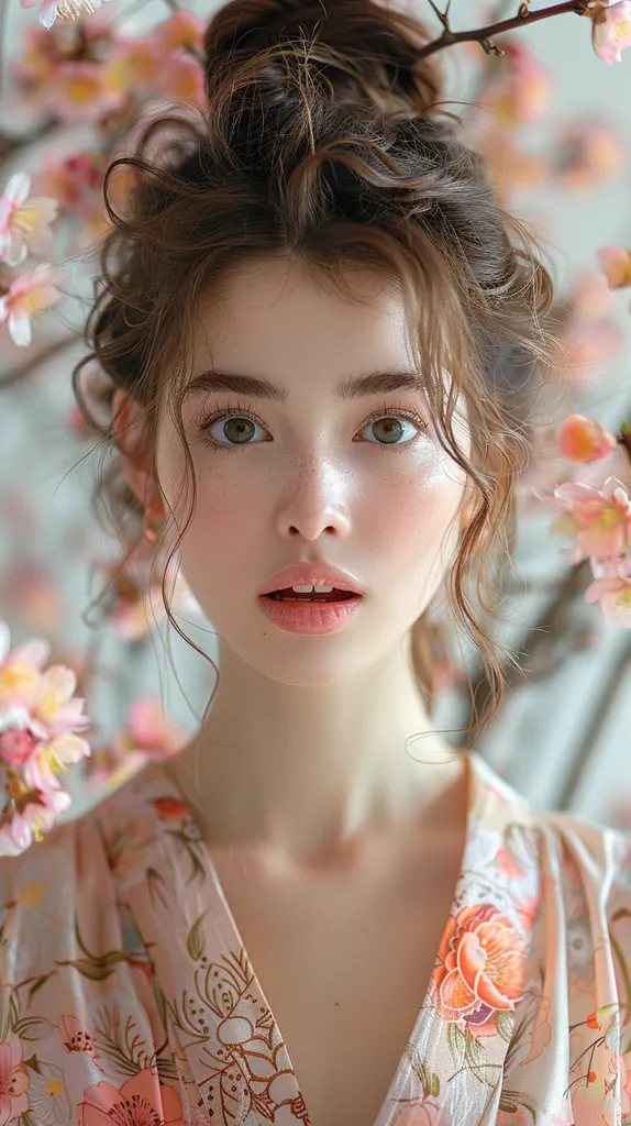 The image shows a young woman with light brown hair, pulled back in a messy bun. Her features are delicate, with bright blue eyes, rosy cheeks, and freckles. Her lips are slightly parted in a look of wonder. She wears a soft, flowing pink robe with a floral pattern, which adds to her innocent and delicate appearance. The background features a soft, blurred image of pink cherry blossoms, adding a whimsical and romantic feel to the portrait.  The overall effect is one of gentle beauty and youthful charm.