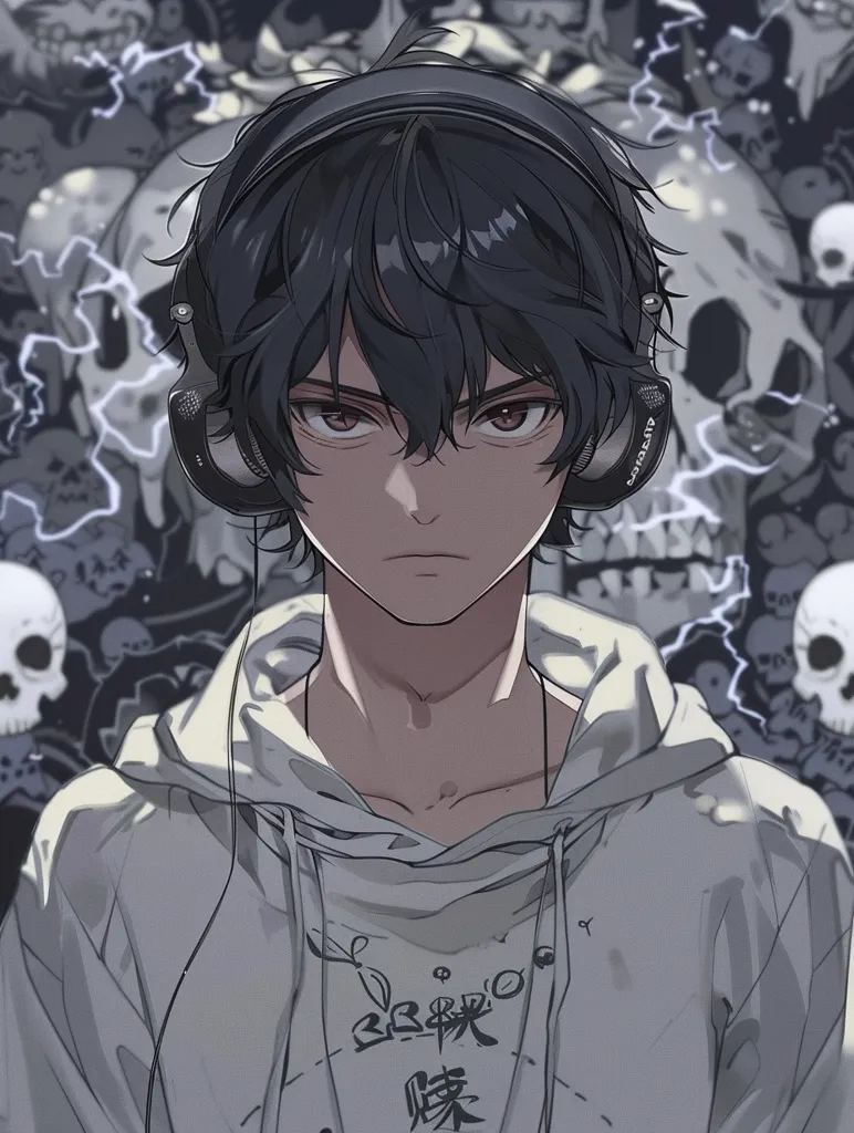 The image shows a young man with black hair wearing a gray hoodie and headphones. He has a serious expression on his face, with dark eyes and a slightly furrowed brow. The background is a blur of gray and black, with stylized skulls and lightning bolts. The overall mood is dark and brooding.