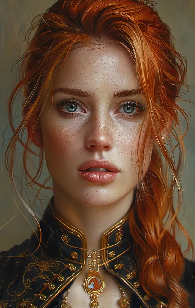 The image shows a close-up portrait of a young woman with long, flowing red hair. She has freckles across her nose and cheeks, and her eyes are a striking green. Her lips are slightly parted, giving her an air of mystery. She wears a dark, ornate collar with gold accents and a matching pendant.  The overall impression is one of beauty and elegance.