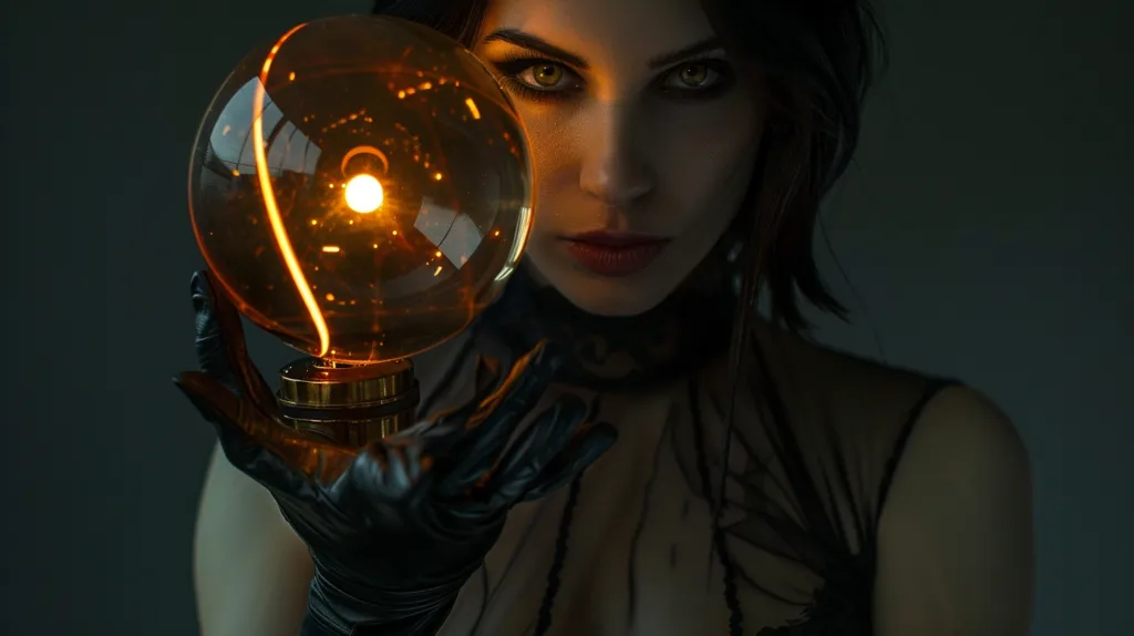 A woman with dark hair and striking green eyes gazes intensely at the camera, holding a glowing glass sphere in front of her face. The light from the sphere illuminates her features, creating a dramatic and mysterious effect. She is dressed in a black sheer top and black leather gloves, adding to the overall enigmatic atmosphere. The background is blurred and dark, emphasizing the focus on the woman and the glowing sphere. The image evokes a sense of intrigue and mystery.