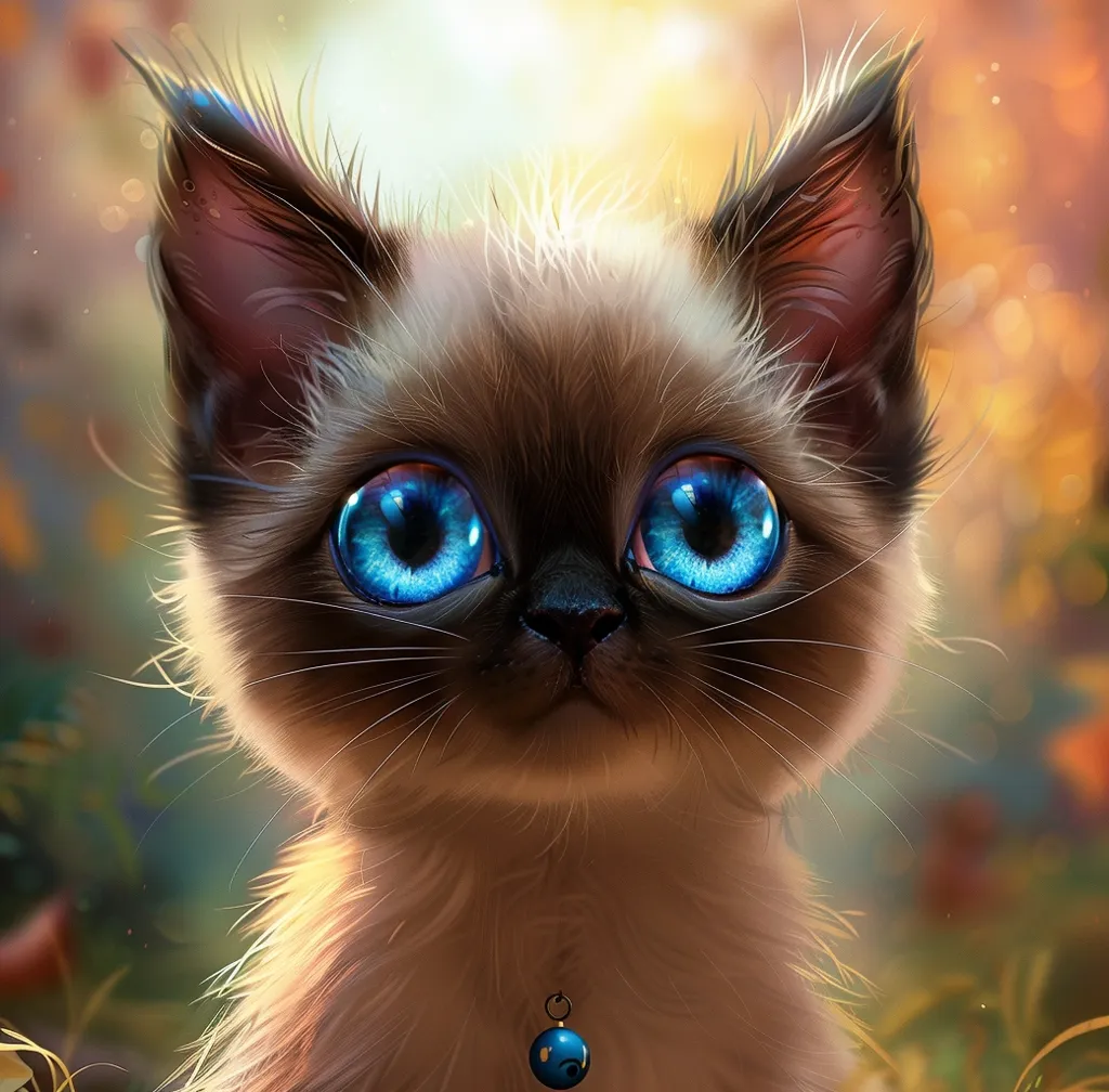 The image shows a close-up of a small, fluffy kitten with large, bright blue eyes. The kitten has a light brown and white coat, with a black nose and whiskers. The kitten's eyes are wide open, giving it an innocent and endearing expression.  A blue bell hangs from the kitten's neck. The background is blurred, creating a soft and dreamy atmosphere.  The kitten's fur appears soft and fluffy, creating a sense of warmth and comfort.  The image evokes feelings of love, affection, and tenderness.