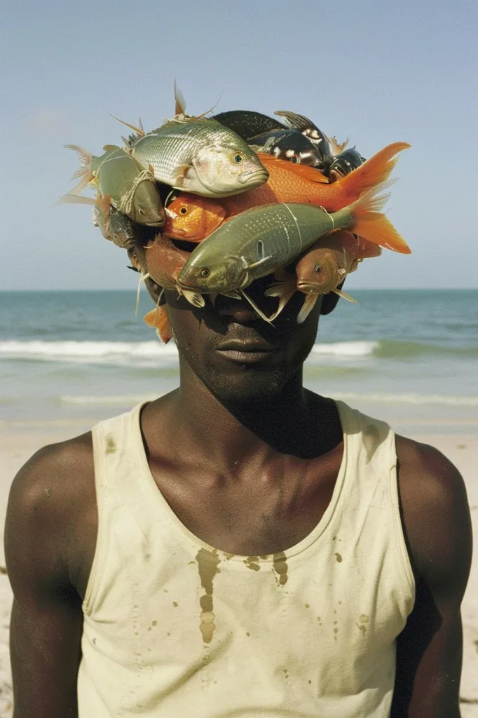 A man, standing on a beach, wears a white tank top with brown splotches and a crown of freshly caught fish, covering his face. The fish are arranged in a haphazard fashion, with their tails and fins pointing in various directions. The man has a dark complexion and his eyes are not visible beneath the fish. The background is a clear blue sky and a calm, turquoise ocean. The image evokes a sense of both the beauty and the harsh realities of life by the sea.