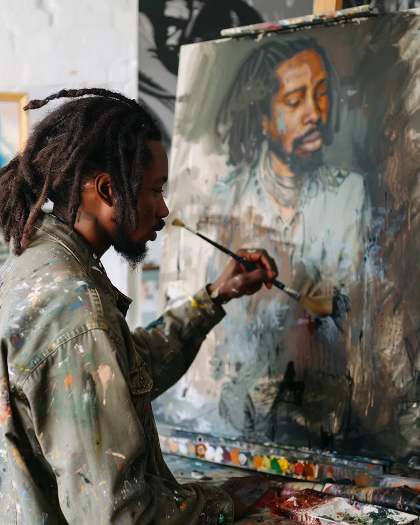 A young artist with dreadlocks is intently painting a portrait of a man with dreadlocks. He is wearing a green, paint-splattered jacket, and is holding a brush in his right hand. The portrait is on a large canvas propped up on an easel. The artist is focused on his work, and the colors on the canvas are vibrant and bold. The background is blurry, suggesting that the artist is in his studio.  The image captures the artist's dedication to his craft.