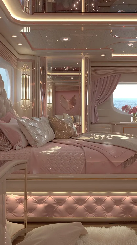 The image shows a luxurious bedroom with a plush pink bed and decorative pillows. The room is adorned with soft lighting and a glittering ceiling, creating a serene and elegant ambiance. The large window offers a view of the ocean, adding a touch of tranquility to the space. The overall design evokes a sense of opulence and comfort.