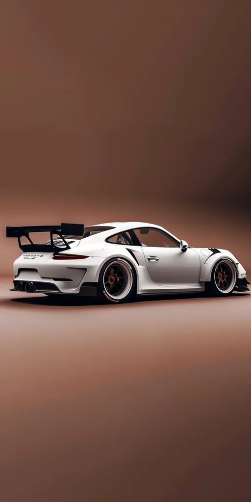 A white Porsche 911 GT3 RS with a large rear wing is parked on a brown surface. The car has black accents, large wheels, and a sporty design. The rear of the car is visible, showcasing the dual exhaust pipes and the prominent "Porsche" logo. The image captures the car's sleek lines and powerful presence.