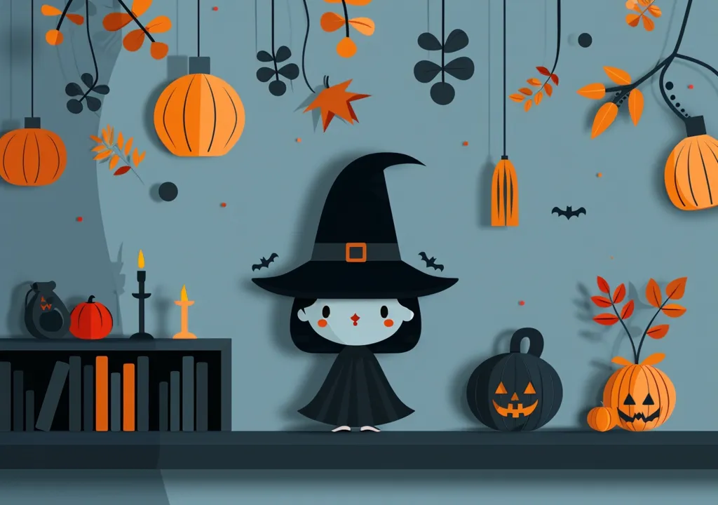 A cute witch with a black hat and dress stands in front of a bookshelf, decorated with Halloween-themed paper cutouts.  There are orange pumpkins, black bats, and leaf garlands hanging from the ceiling.  The scene has a cheerful, playful tone.