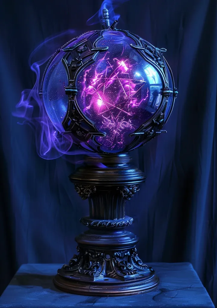 The image shows a large, ornate glass orb on a pedestal. The orb is filled with a swirling, glowing purple substance, and is surrounded by wispy purple smoke. The pedestal is made of dark metal and has intricate details. The image has a dark and mysterious atmosphere, suggesting magic or power.  The background is a dark blue, highlighting the orb and its glowing contents. The overall effect is one of intrigue and wonder.