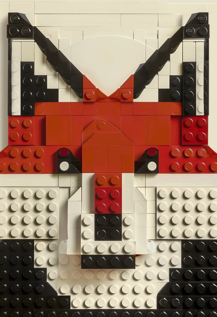 The image shows a fox's face made of Lego bricks. The fox has a red snout, black ears and eyes, and a white muzzle. The background is a light beige color. The image is simple but effective, and the use of Lego bricks gives it a playful and whimsical feel.