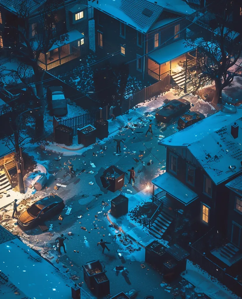 A snowy suburban street is littered with trash and debris. Several figures, dressed in dark clothing, wander through the scene. The houses are dark, except for one with a single lit window.  The overall mood is one of desolation and abandonment.