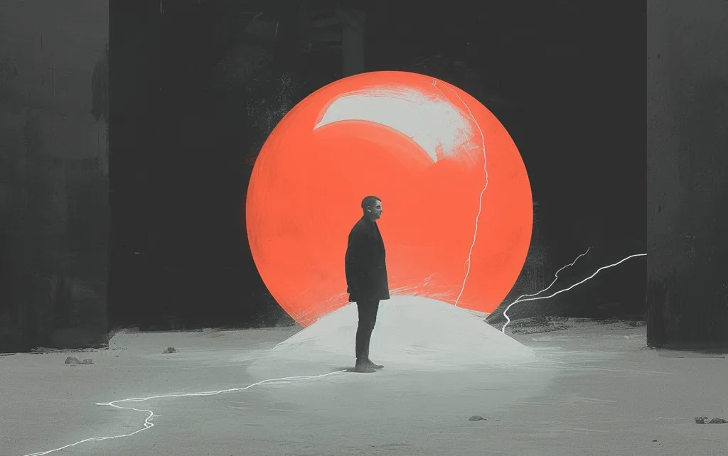 The image depicts a man standing on a white, snow-covered surface, silhouetted against a large, orange orb. The orb is partially obscured by a white, abstract form that resembles a cloud. The background is a dark, seemingly endless space, with thin, white lines resembling lightning streaks. The overall mood is one of isolation and mystery, suggesting a surreal or dream-like setting.