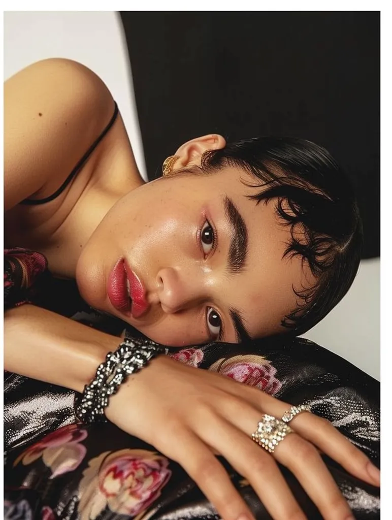 The image shows a woman with dark hair, wearing a black and floral dress, lying on her side. Her face is in focus, with a subtle smoky eye look, red lips, and a gold earring. She has a sparkling bracelet and a ring on her finger. The background is blurred, giving a sense of intimacy. The image is styled in a contemporary fashion editorial style, emphasizing the woman's beauty and the luxurious details of her accessories.
