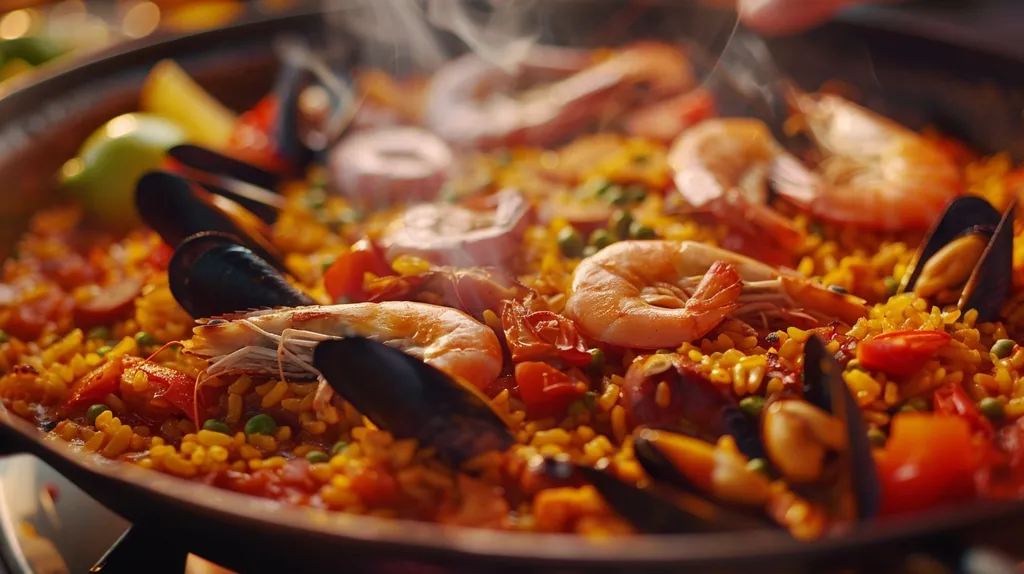 A steaming paella dish is filled with a colorful array of seafood, vegetables, and rice. The vibrant orange saffron rice is topped with plump shrimp, mussels, and diced tomatoes, creating a visually appealing and flavorful meal. The steam rising from the dish hints at its warmth and deliciousness.