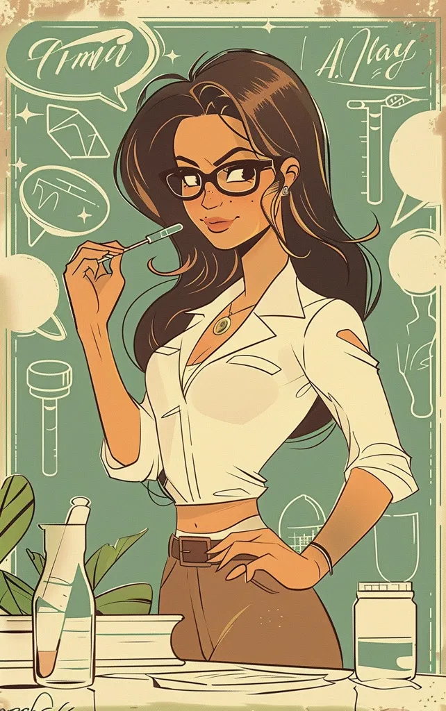 The image is a cartoon illustration of a woman with long dark hair, wearing glasses and a white button-down shirt. She is holding a test tube and looking at it intently. There are scientific symbols and objects around her. The background is a green chalkboard with the words "Primer" and "A. May" written on it. The image depicts a woman in a science lab or a chemistry classroom.