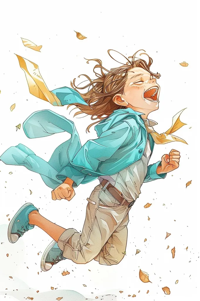 A young girl with long brown hair, wearing a teal jacket and khaki pants, is leaping through the air with her arms outstretched and a wide, joyful grin on her face.  Her hair is flowing behind her, and the image is filled with falling autumn leaves, adding to the sense of movement and freedom.  The girl's expression suggests pure joy and exhilaration.